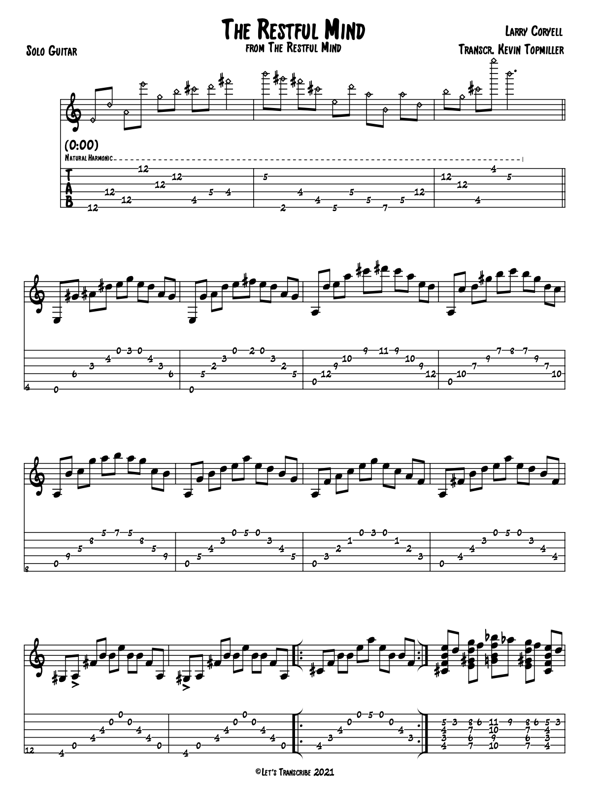 "The Restful Mind" - Larry Coryell (Jazz Guitar Transcription)