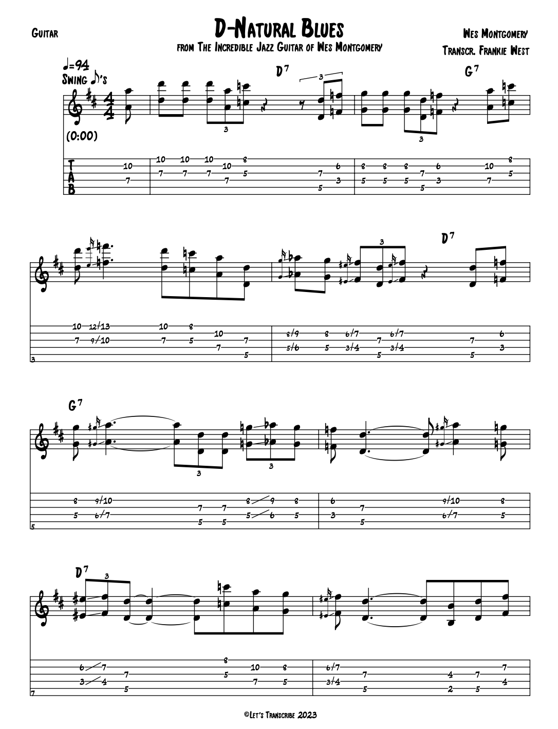 "D Natural Blues" - Wes Montgomery (Jazz Guitar Transcription)