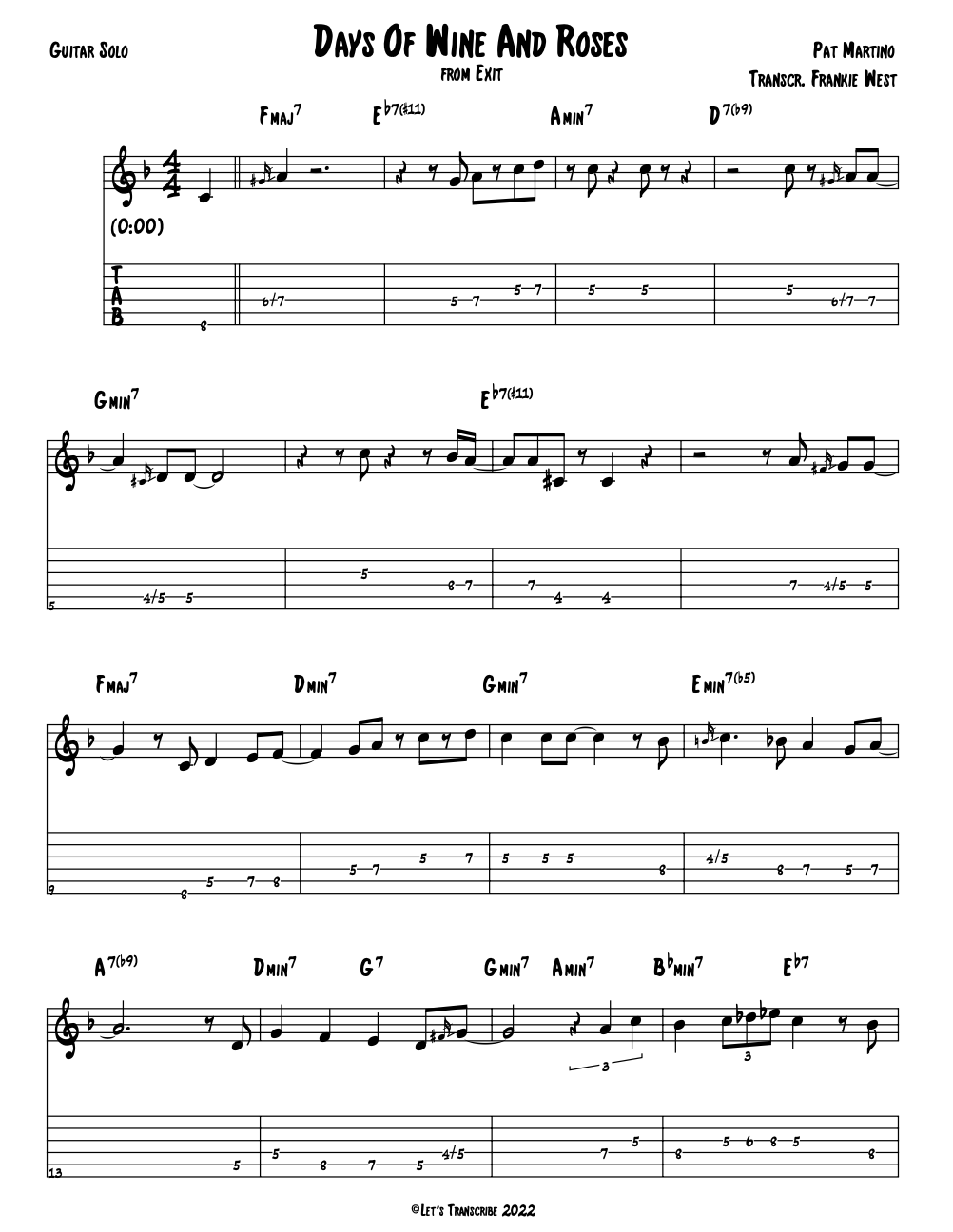 "Days of Wine and Roses" - Pat Martino (Jazz Guitar Transcription)