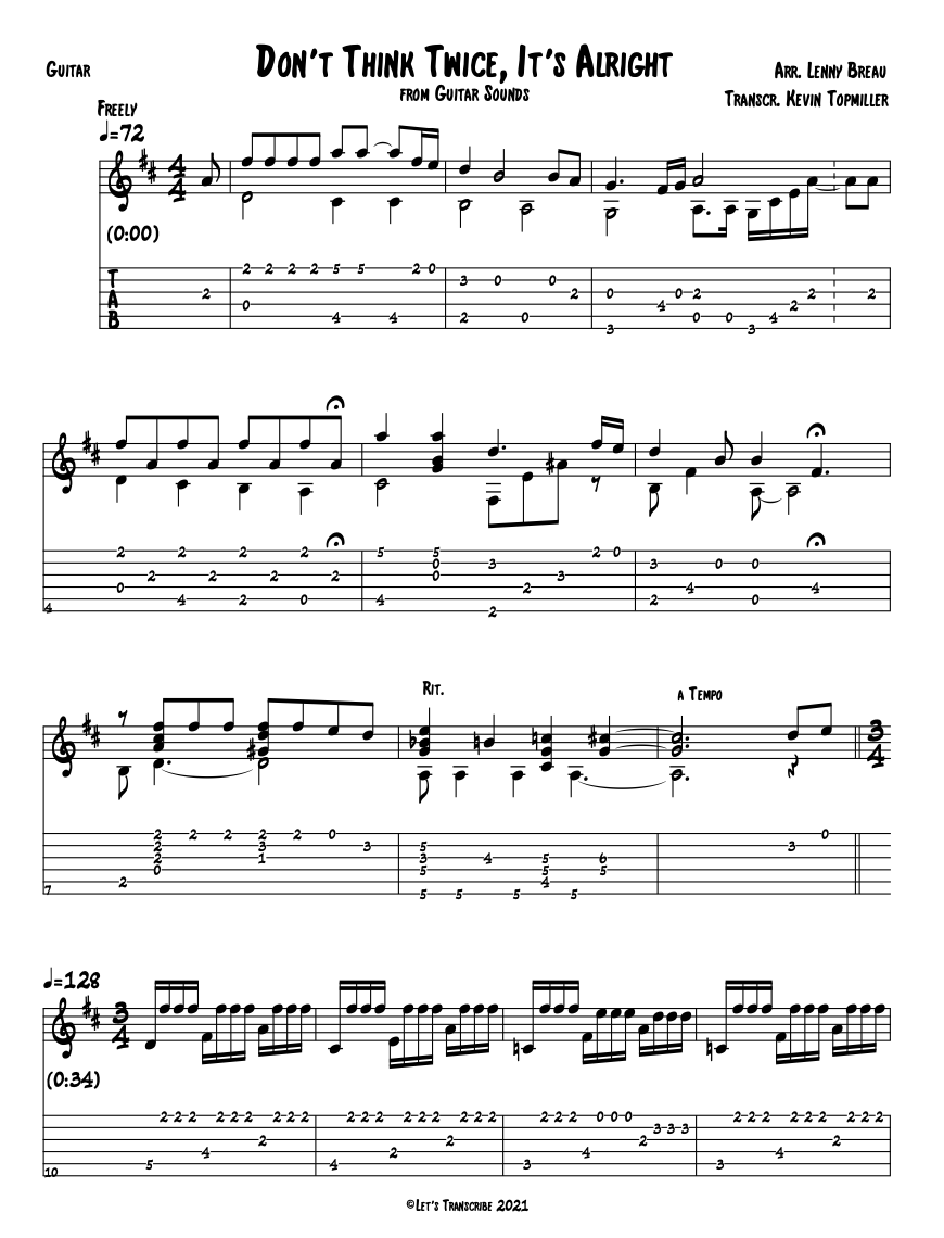 "Don't Think Twice, It's Alright" - Lenny Breau (Jazz Guitar Transcription)