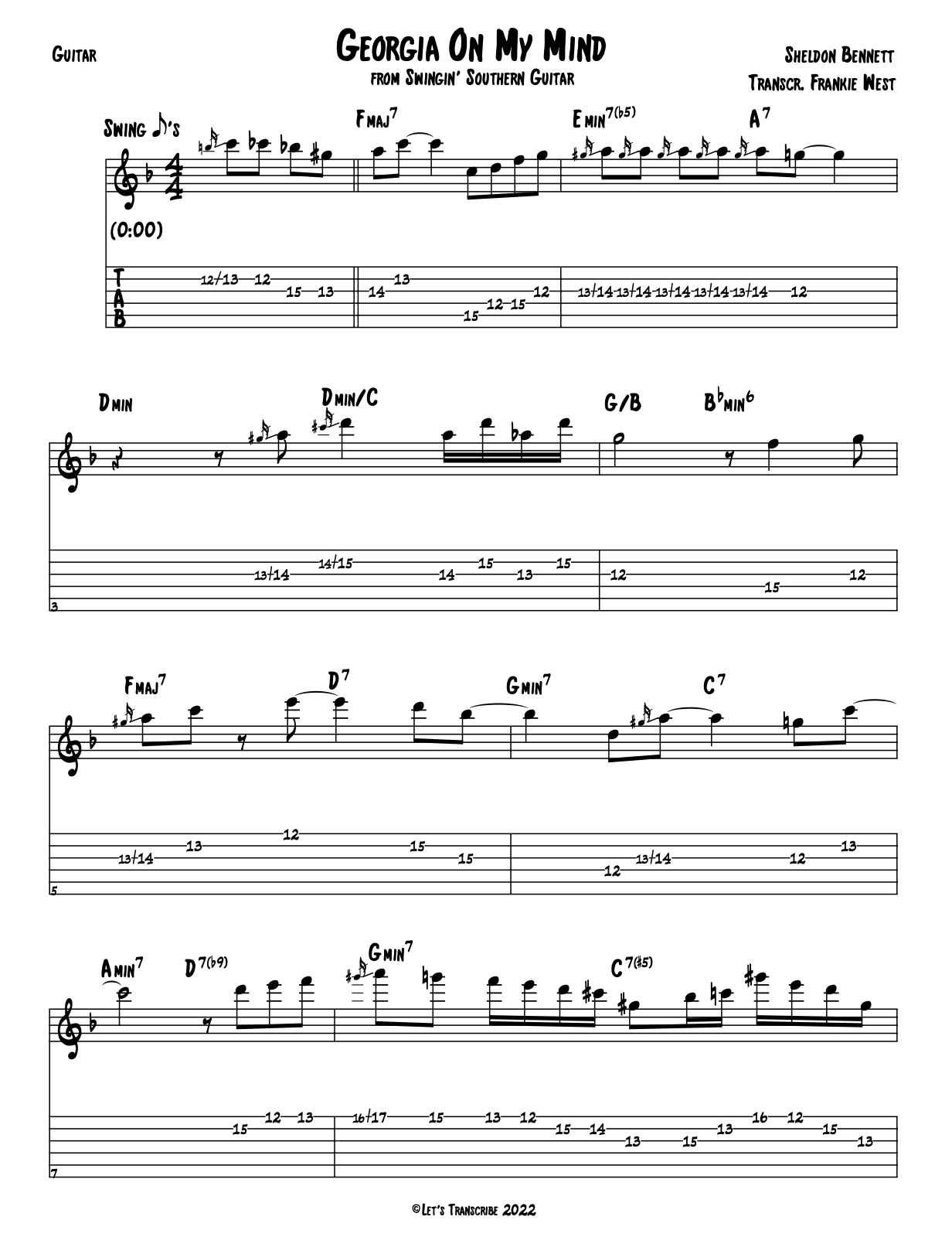 "Georgia On My Mind" - Sheldon Bennett (Jazz Guitar Transcription)