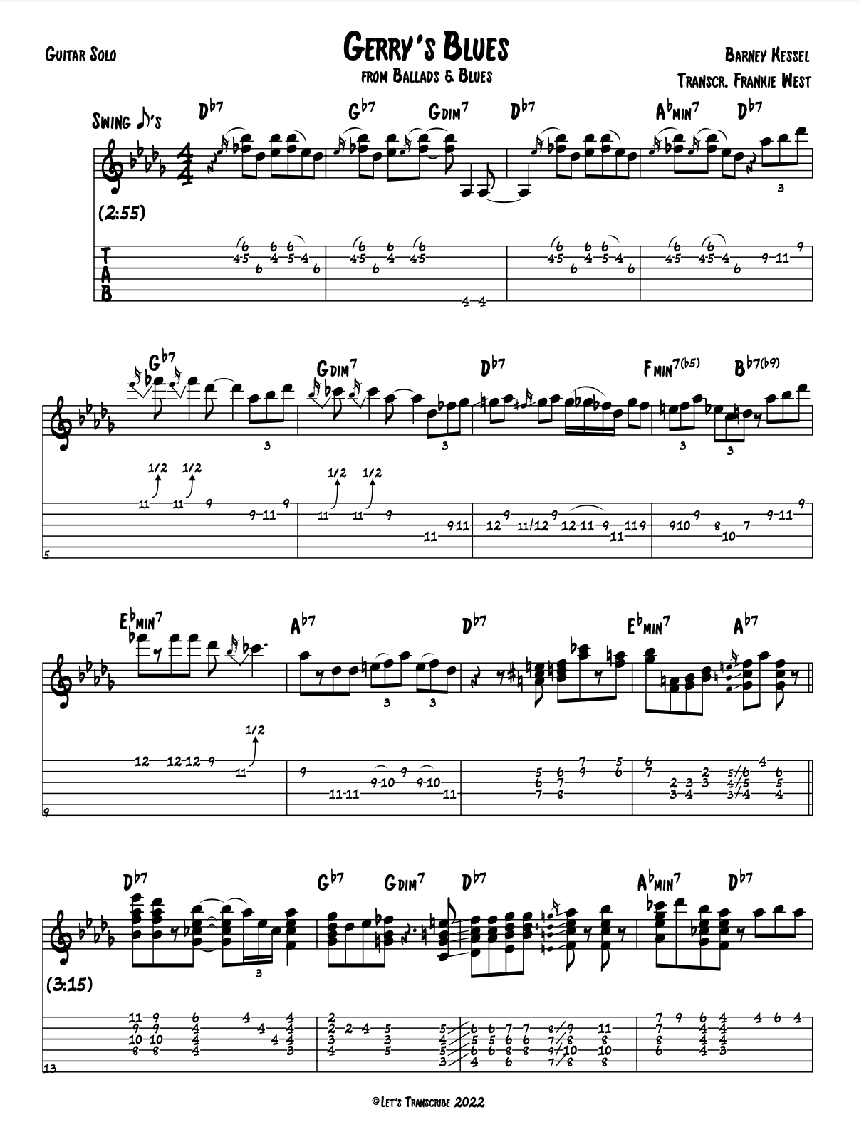 "Gerry's Blues" - Barney Kessel (Jazz Guitar Transcription)