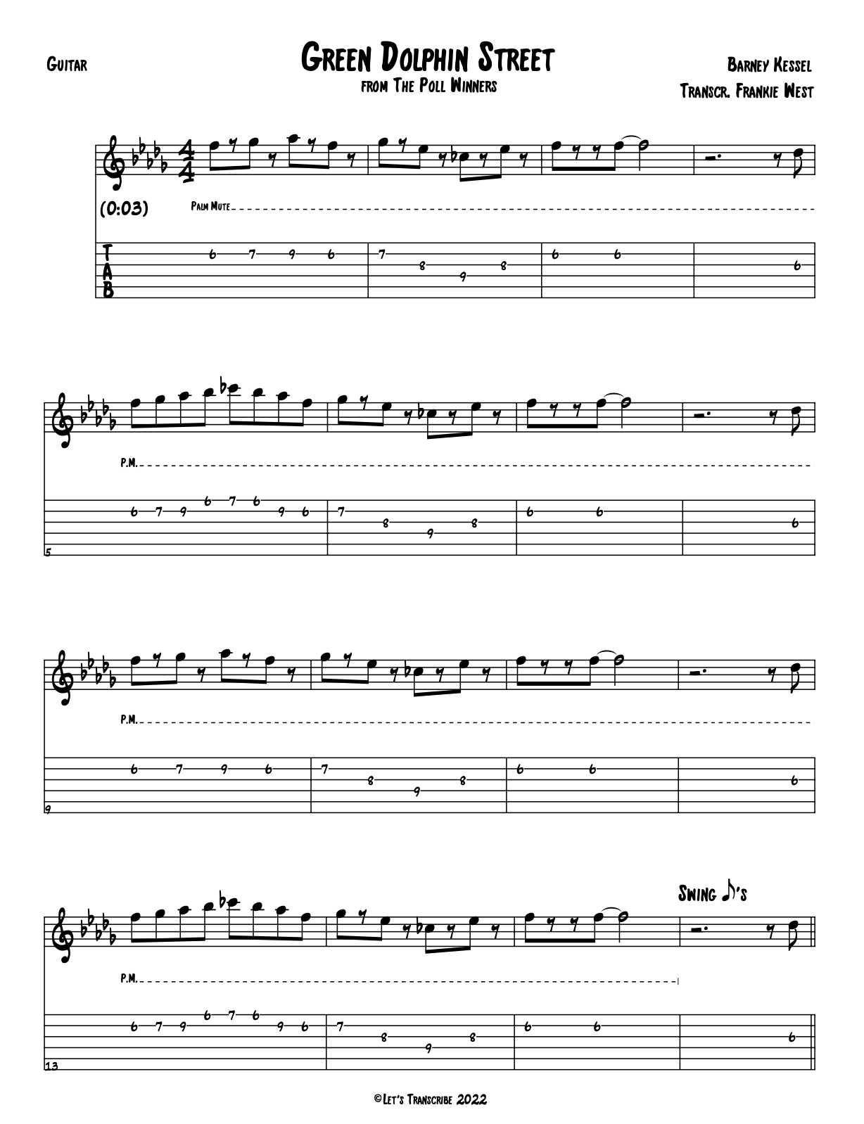 "Green Dolphin Street" - Barney Kessel (Jazz Guitar Transcription)