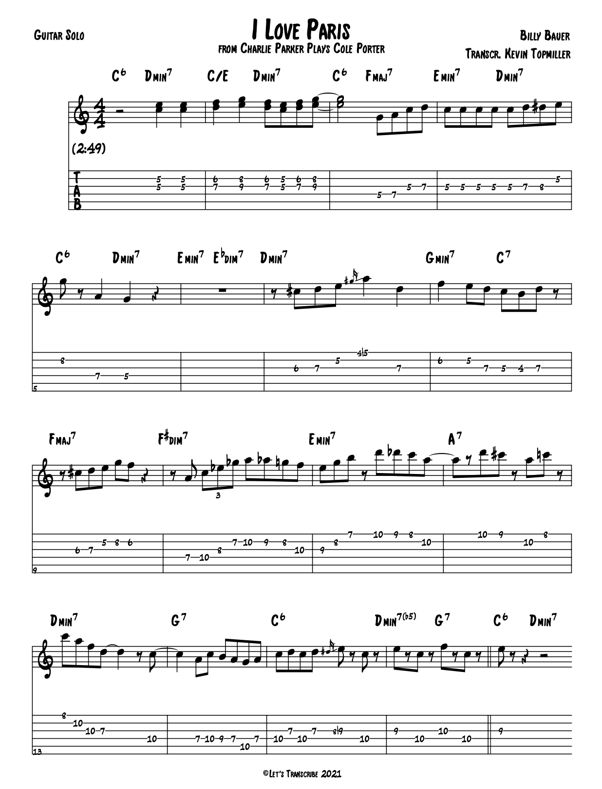 "I Love Paris" - Billy Bauer (Jazz Guitar Transcription)