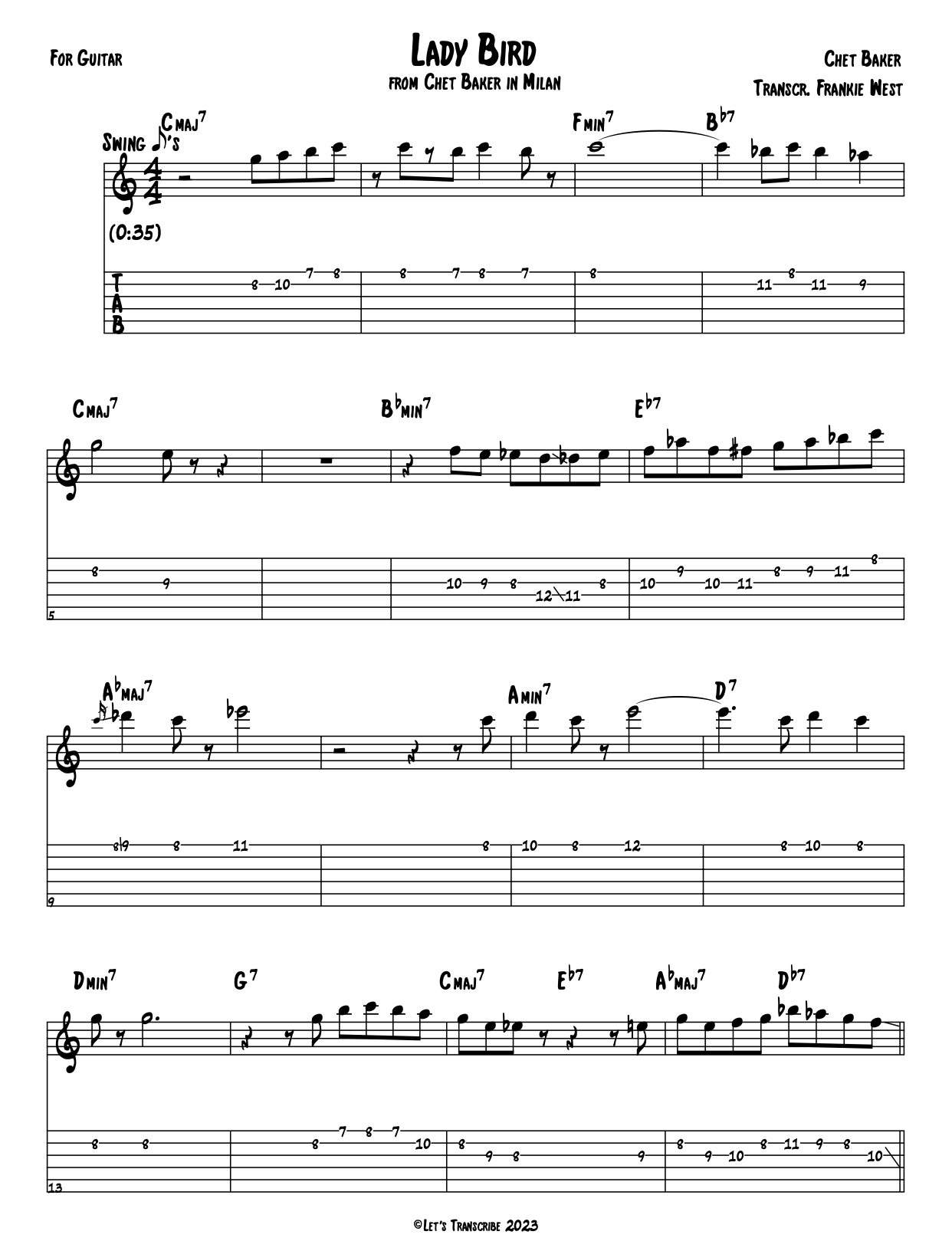 "Lady Bird" - Chet Baker (Jazz Guitar Transcription)