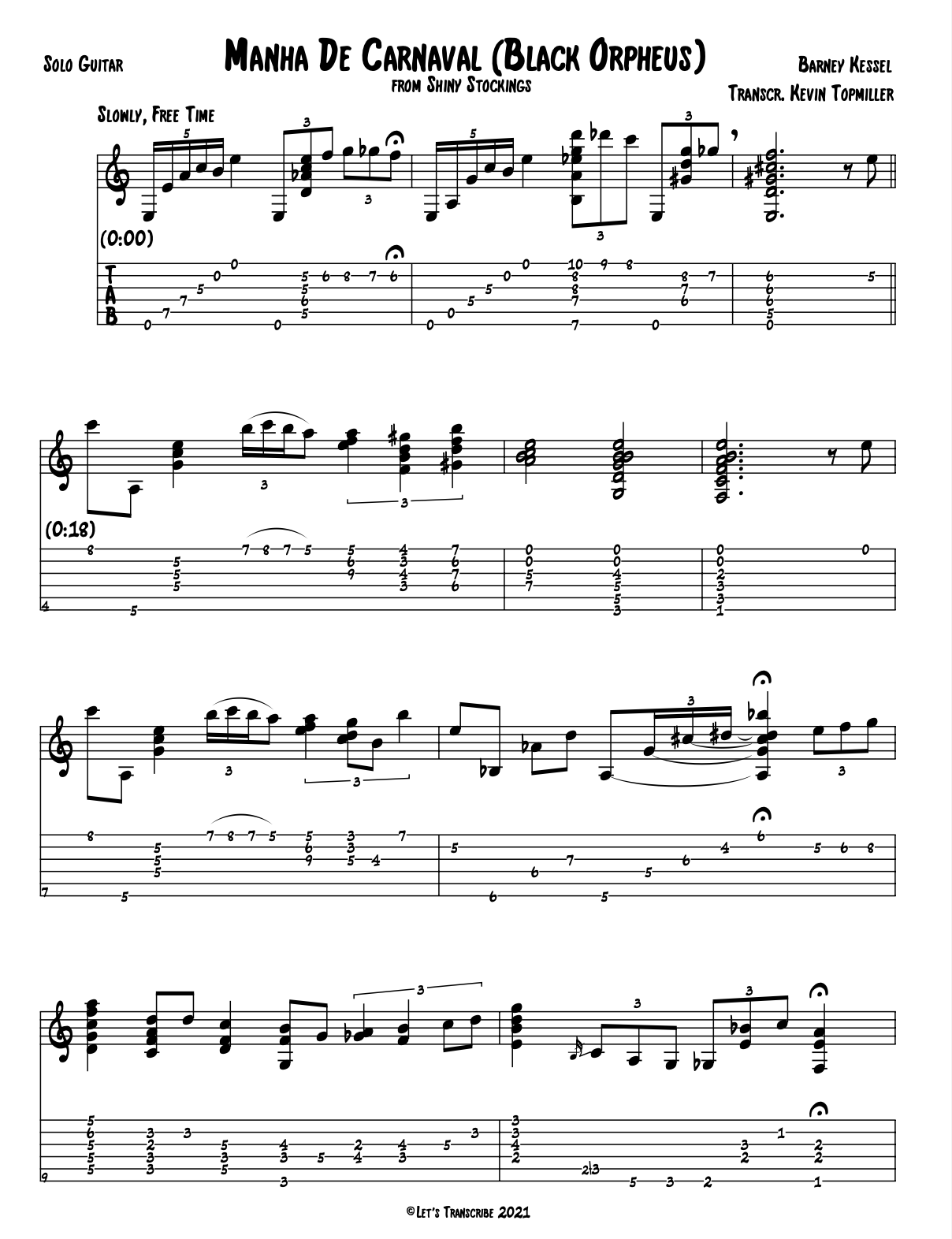 "Manha de Carnaval (Black Orpheus)" - Barney Kessel (Jazz Guitar Transcription)