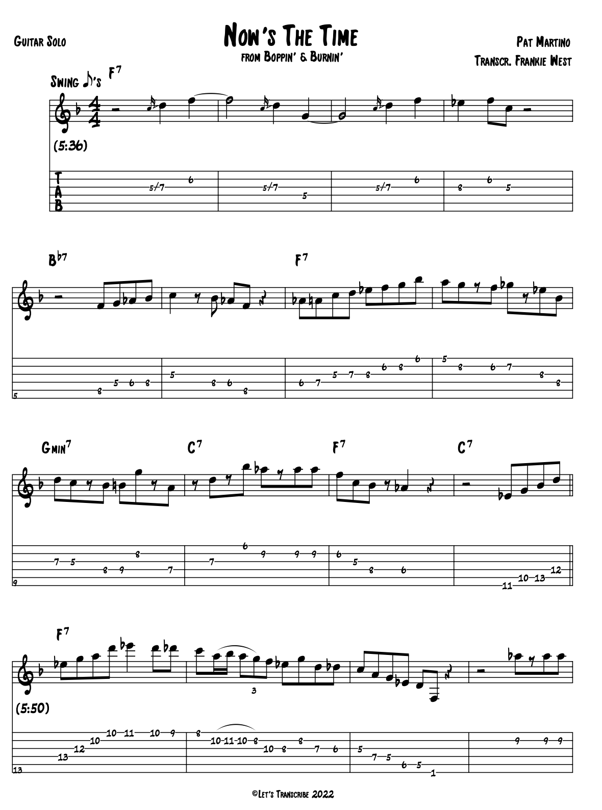 "Now's The Time" - Pat Martino (Jazz Guitar Transcription)