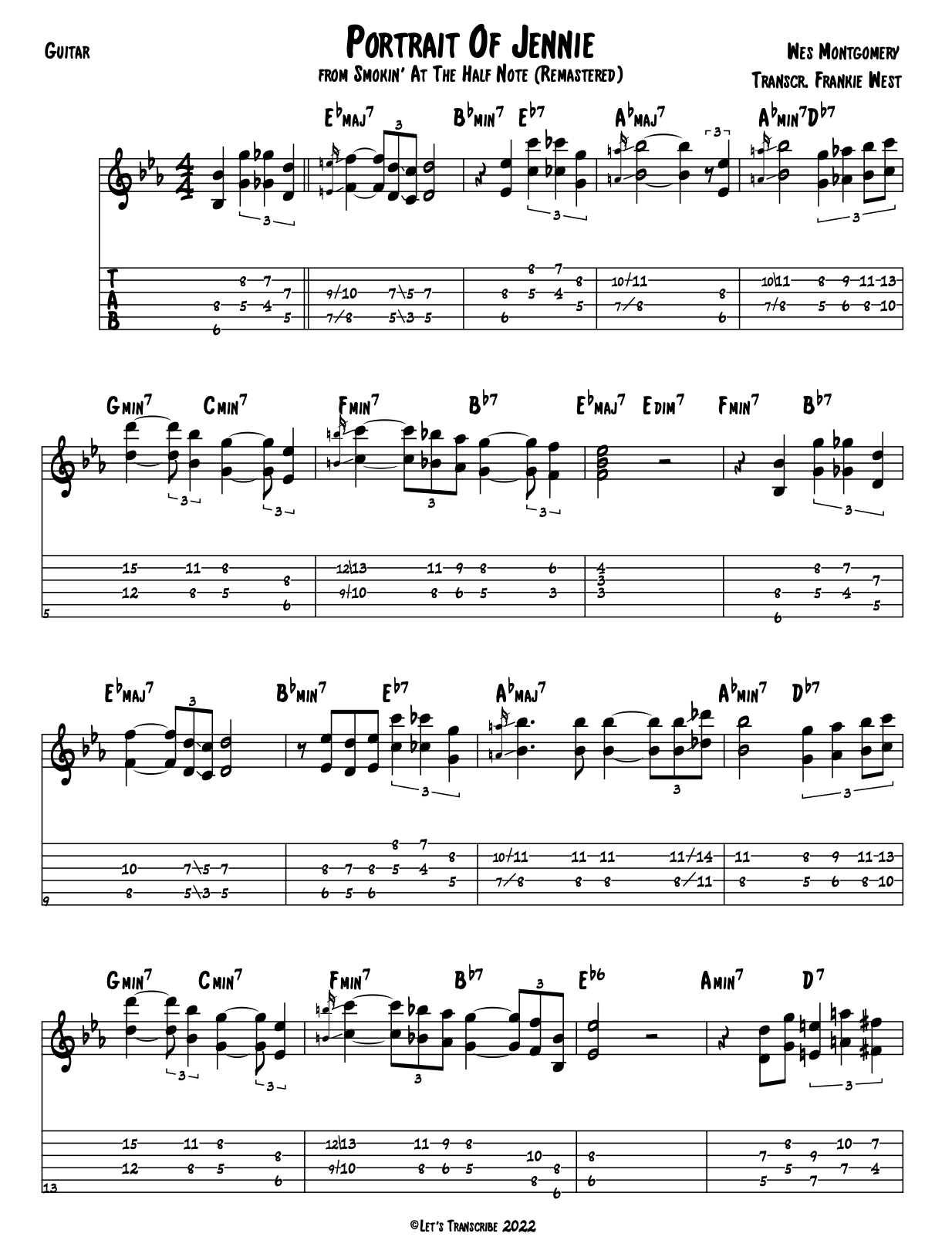 "Portrait of Jennie" - Wes Montgomery (Jazz Guitar Transcription)