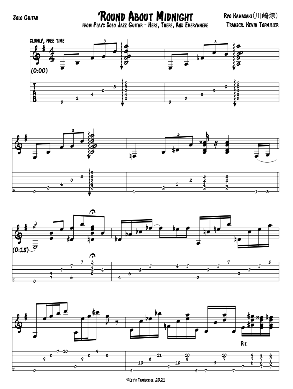 "Round About Midnight" - Ryo Kawasaki (Jazz Guitar Transcription)