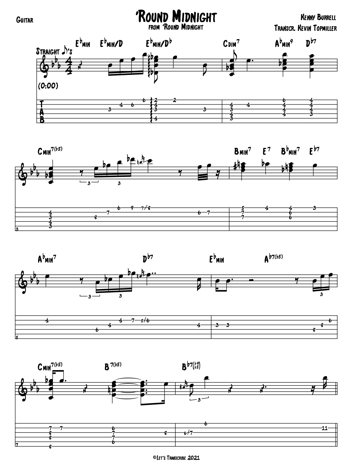 "Round Midnight" - Kenny Burrell (Jazz Guitar Transcription)