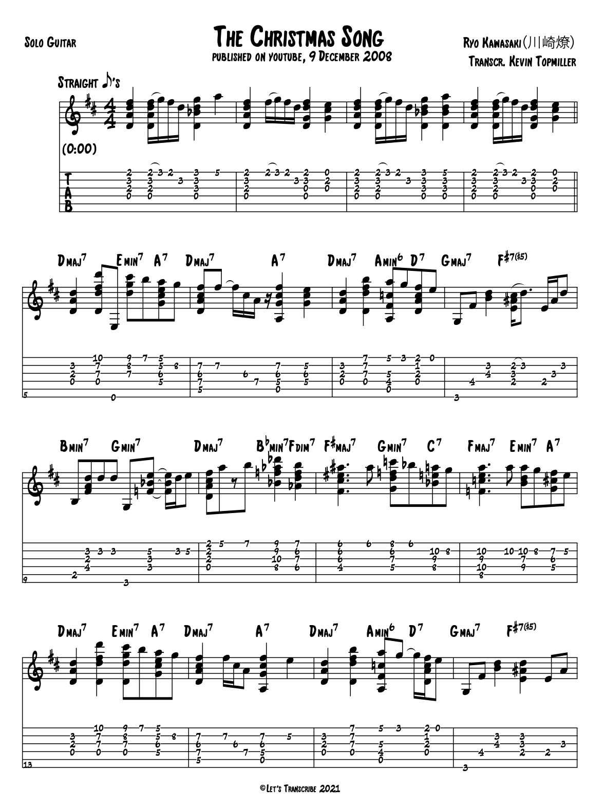 "The Christmas Song" by Ryo Kawasaki (Jazz Guitar Transcription)