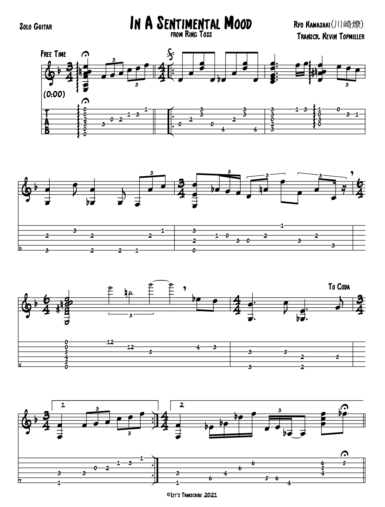 "In a Sentimental Mood" - Ryo Kawasaki (Jazz Guitar Transcription)