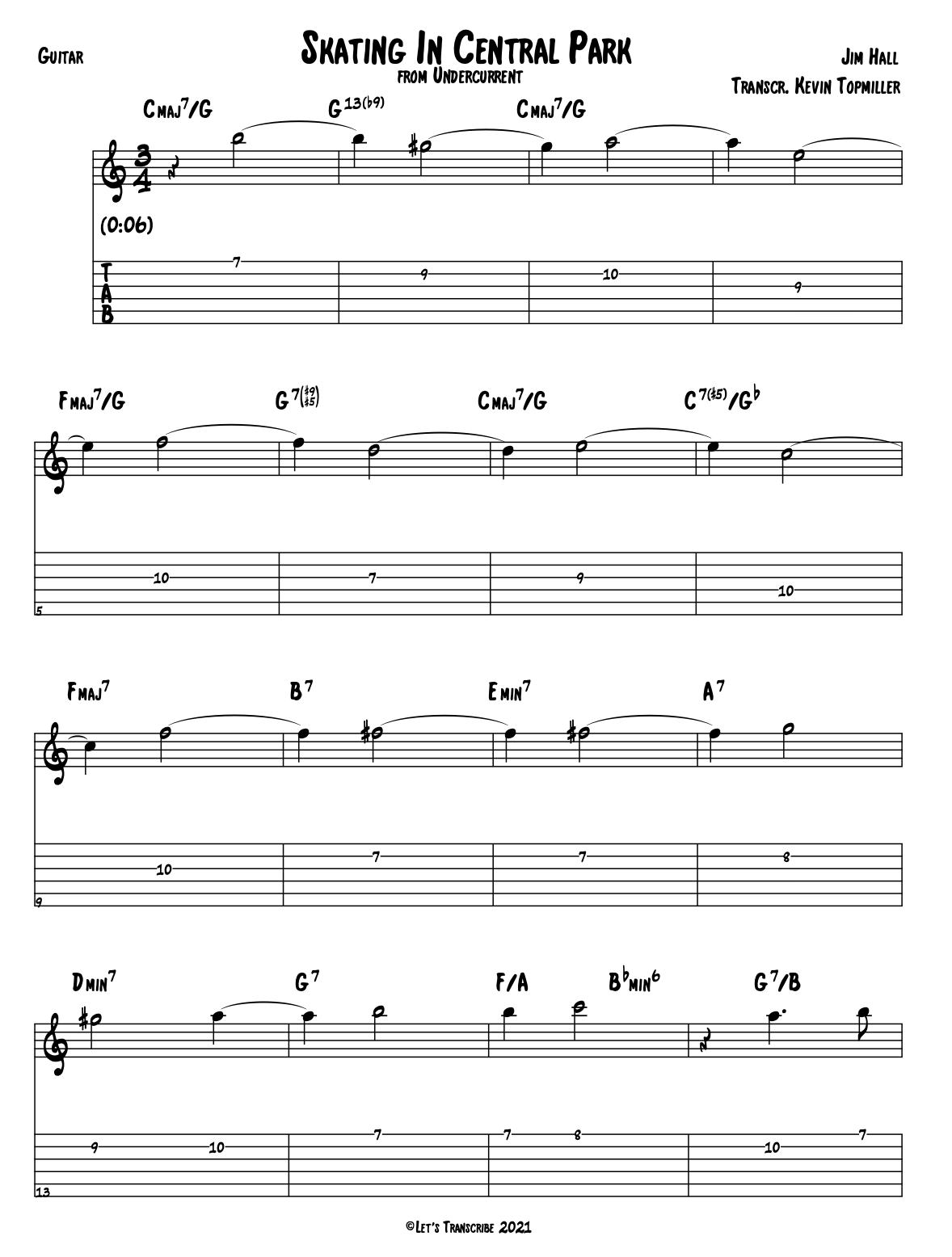 "Skating in Central Park" - Jim Hall (Jazz Guitar Transcription)