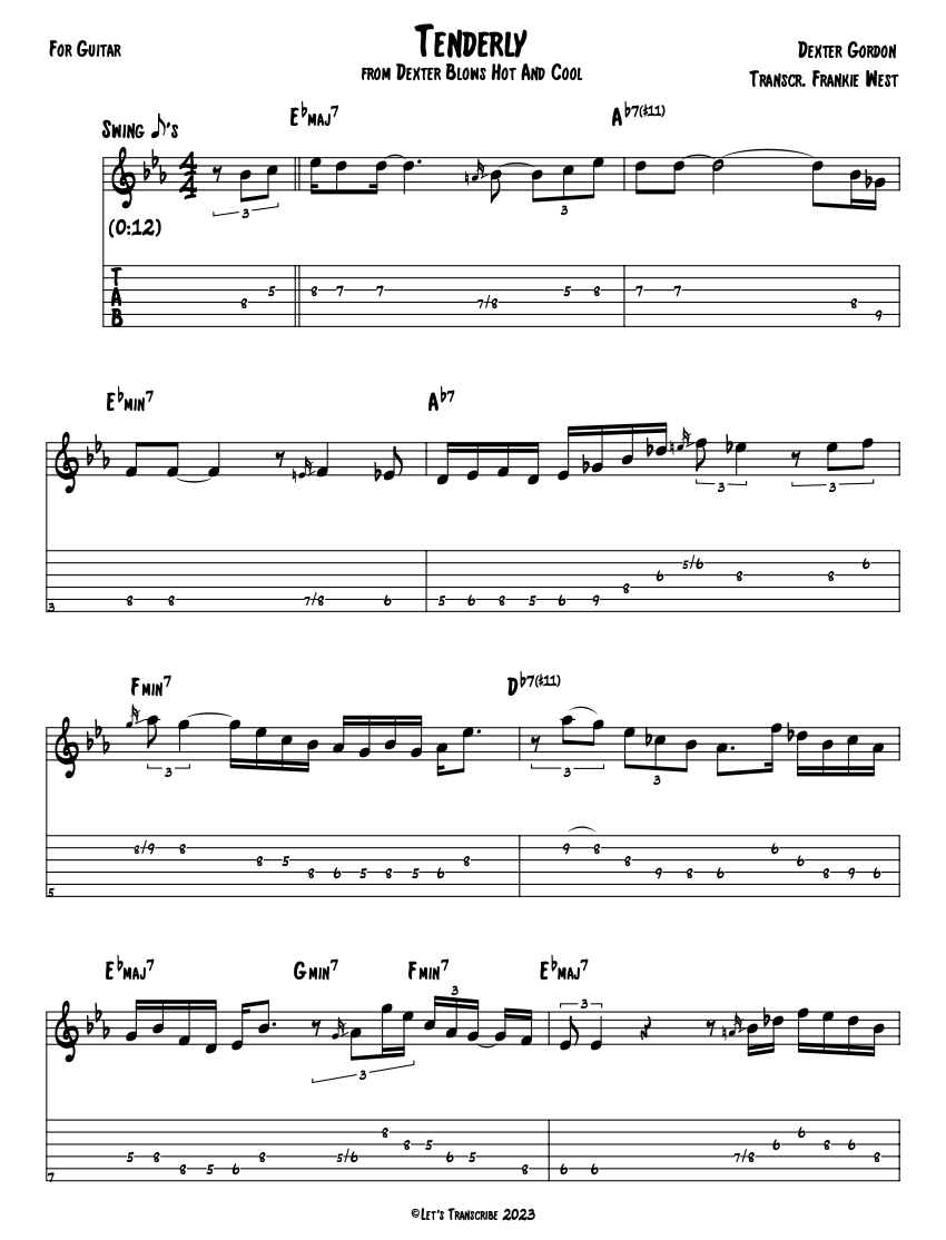 "Tenderly" - Dexter Gordon (Jazz Guitar Transcription)